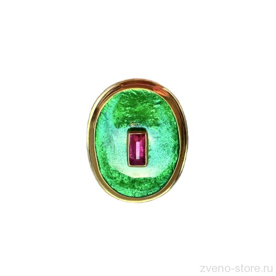Кольцо безразмерное Sofio Gongliashvili горячая эмаль зеленый овал с розовым камнем